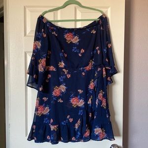 Xhiliration XXL blue floral off the shoulder ruffle  dress